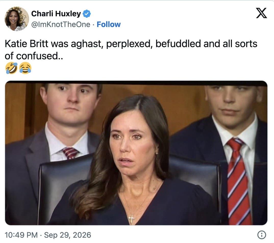 Charli Huxley tweet calling Britt aghast, perplexed and befuddled over a still of her face.