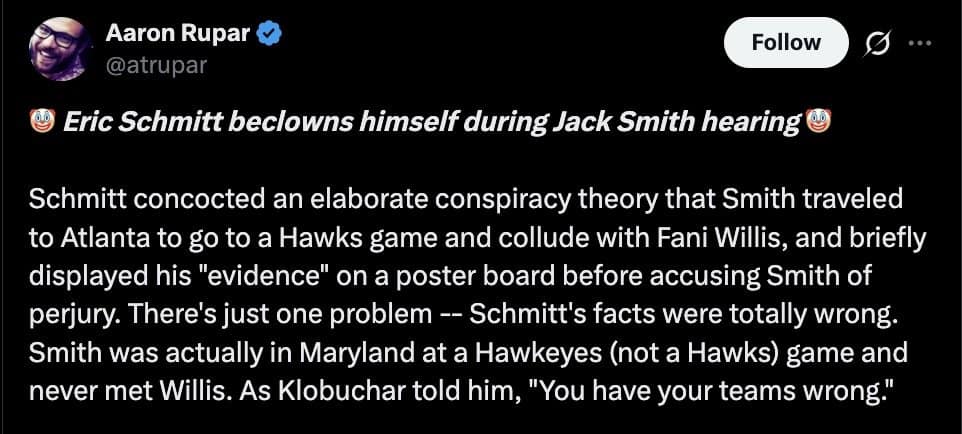 Aaron Rupar post summarizing the Hawks and Hawkeyes mix-up that launched the Katie Britt meme.