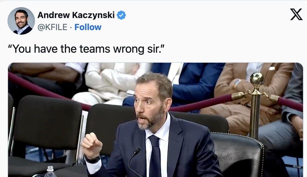 Andrew Kaczynski tweet reading you have the teams wrong sir above Jack Smith testifying.
