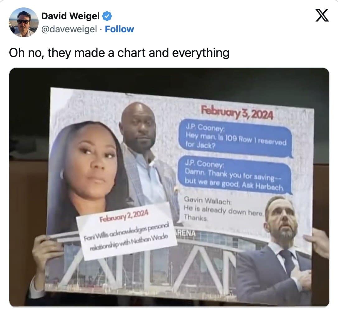 David Weigel tweet showing the poster board of texts Schmitt's staff held up during questioning.