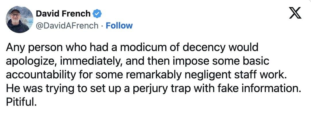 David French tweet calling for an apology and accountability over the hearing's staff work.