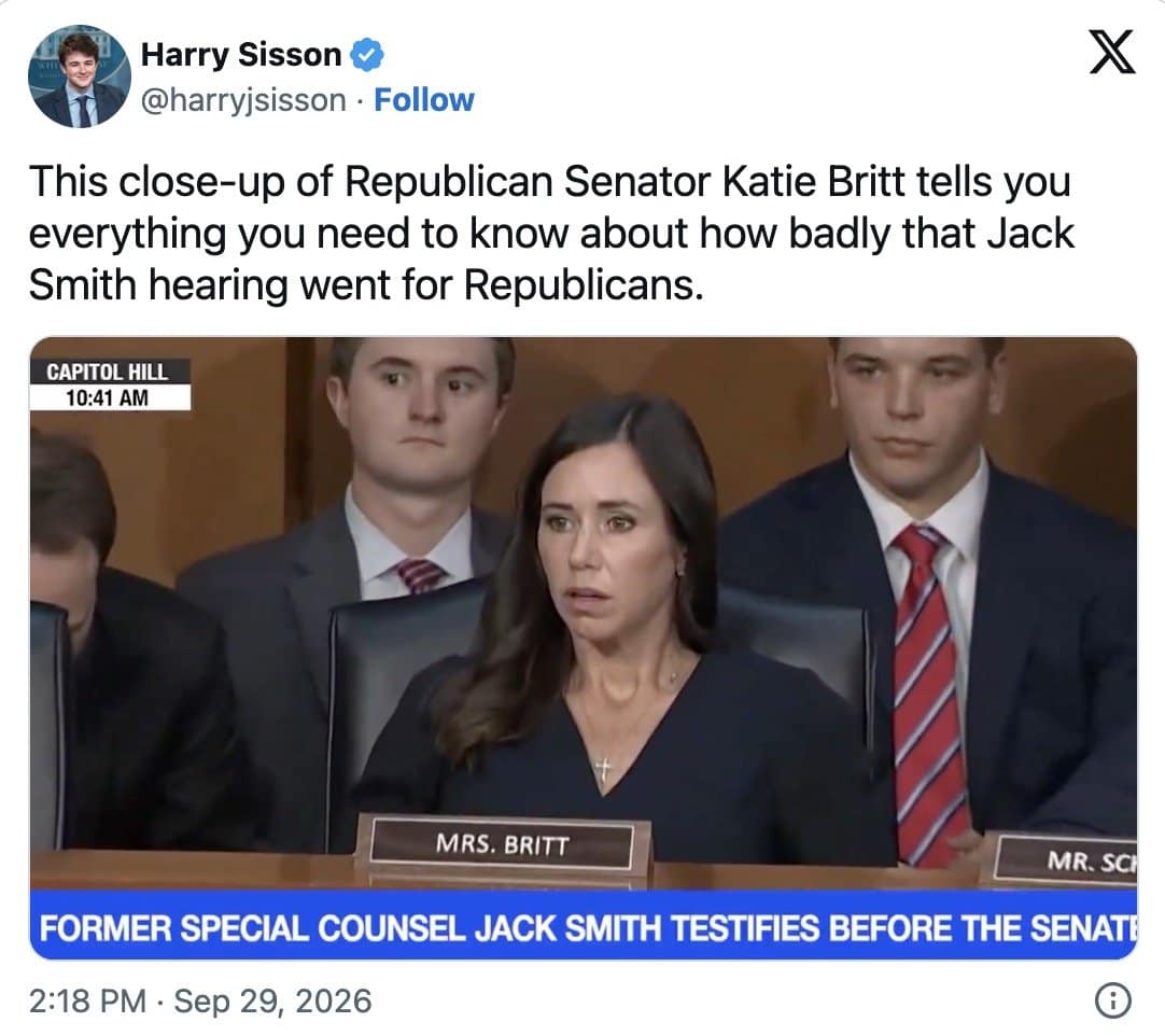 Harry Sisson shares a close-up of Britt frozen mid-reaction behind her Senate nameplate.