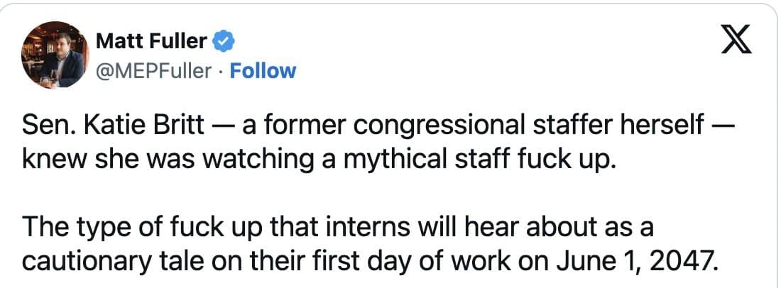 Matt Fuller tweet noting Britt, a former staffer, recognized a legendary staff blunder.