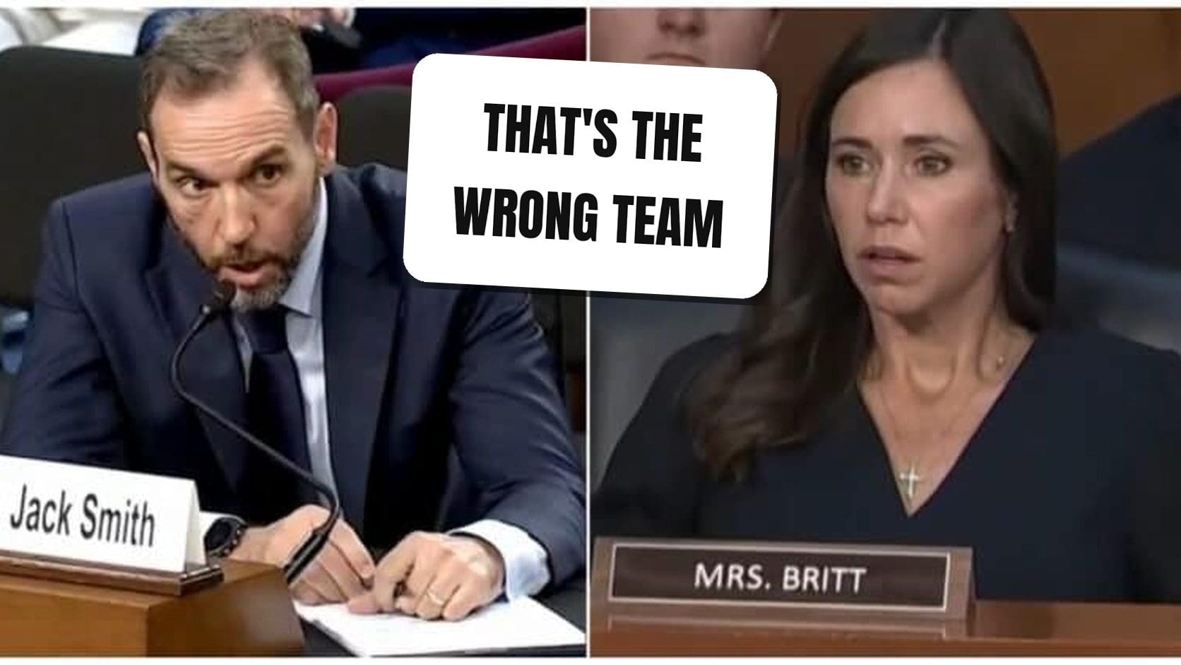 Split screen of Jack Smith testifying and Sen. Katie Britt staring wide-eyed at the Senate hearing, the moment behind the Katie Britt meme.
