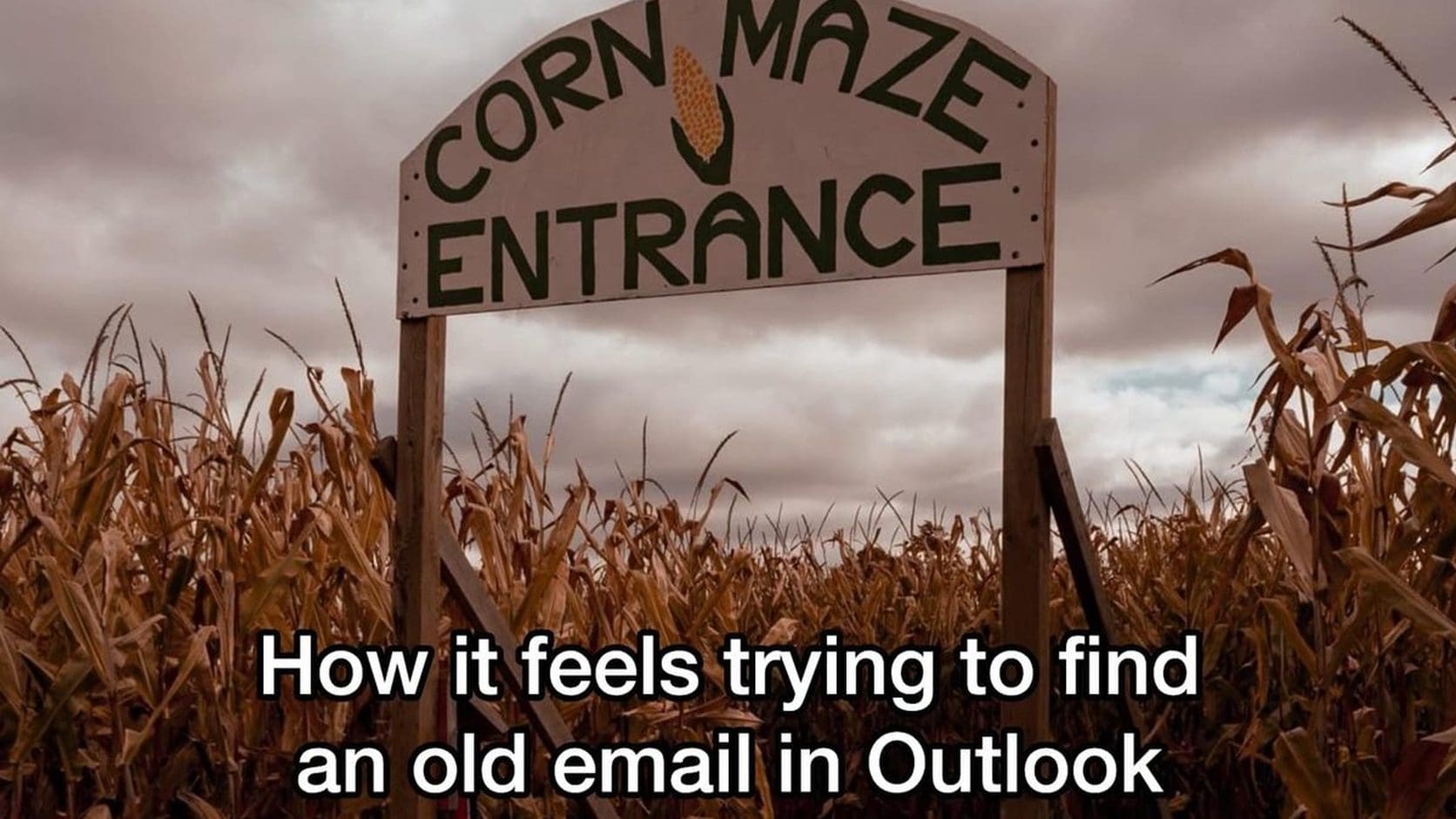 Meme dump featured image of a corn maze entrance sign under stormy fall clouds with a joke about finding an old Outlook email.