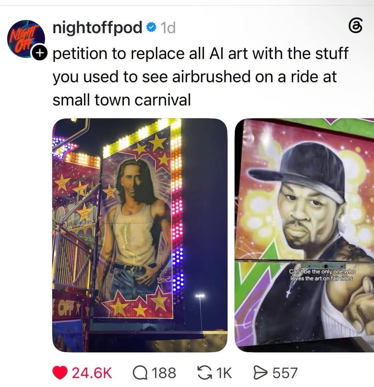 Airbrushed portraits of celebrities on small town carnival rides, praised over AI art.