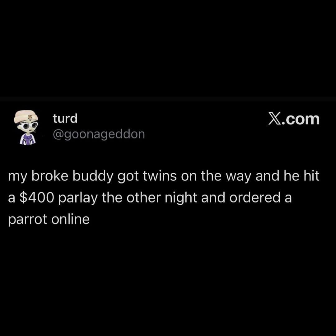 Tweet about a broke buddy expecting twins who won a parlay and ordered a parrot.