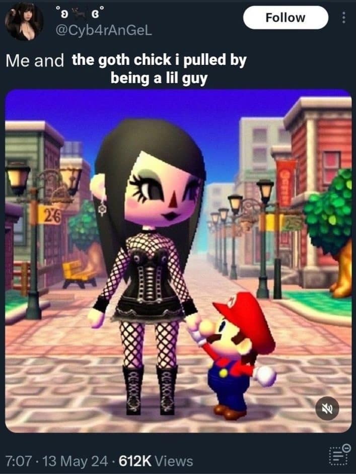 Goth avatar holding hands with a tiny Mario in a joke about short guys.