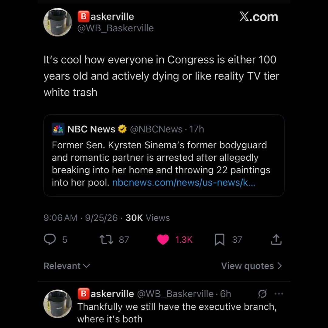 Tweet joking about members of Congress, quoting an NBC News headline about a break-in.
