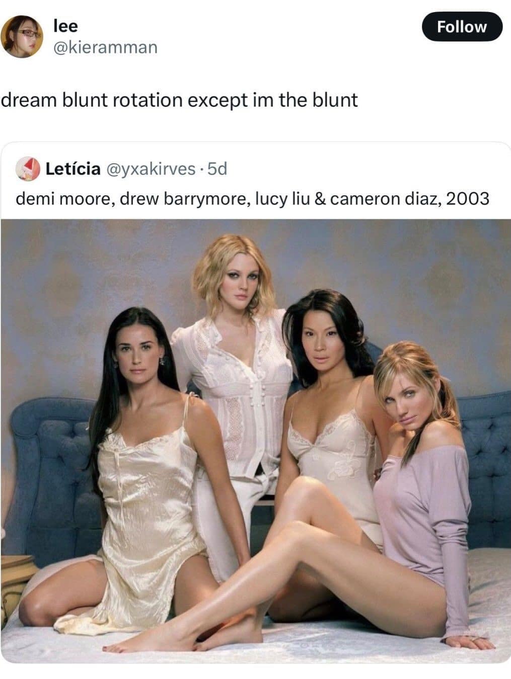 Tweet quoting a 2003 photo of Demi Moore, Drew Barrymore, Lucy Liu and Cameron Diaz.