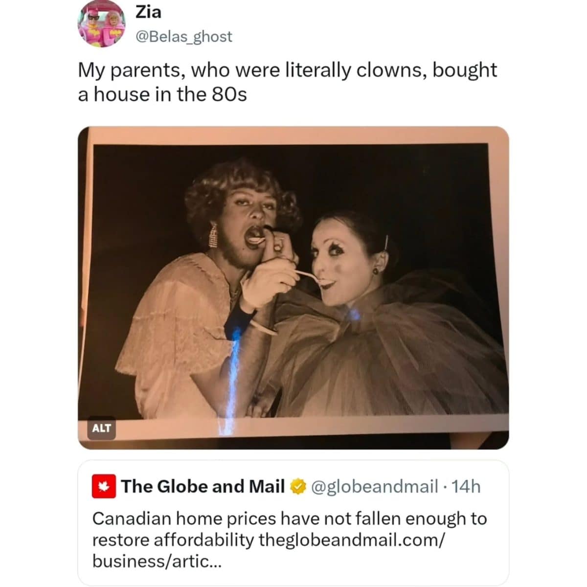 Meme dump photo of clown parents who bought a house in the 1980s.