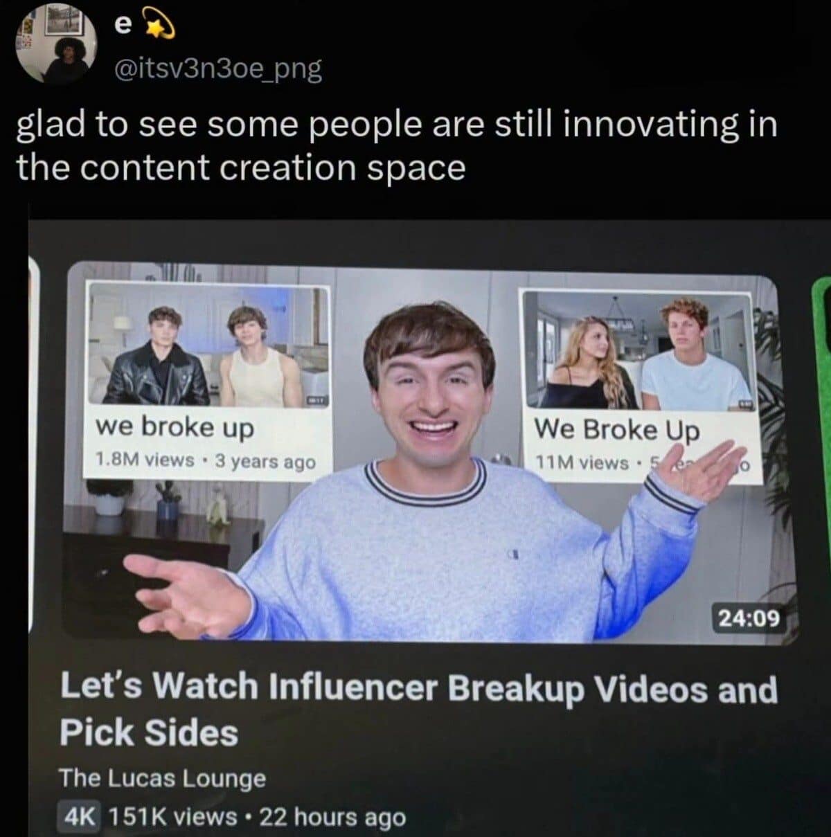 YouTube thumbnail of a creator reacting to influencer breakup videos and picking sides.