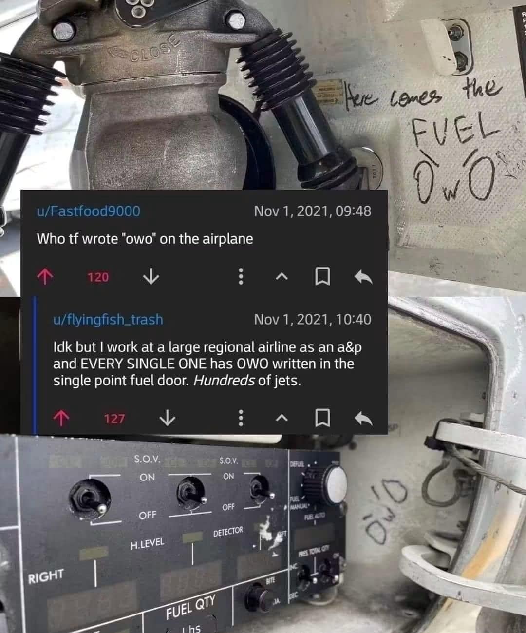 Airplane fuel doors marked with owo doodles, the meme dump's closing aviation mystery.
