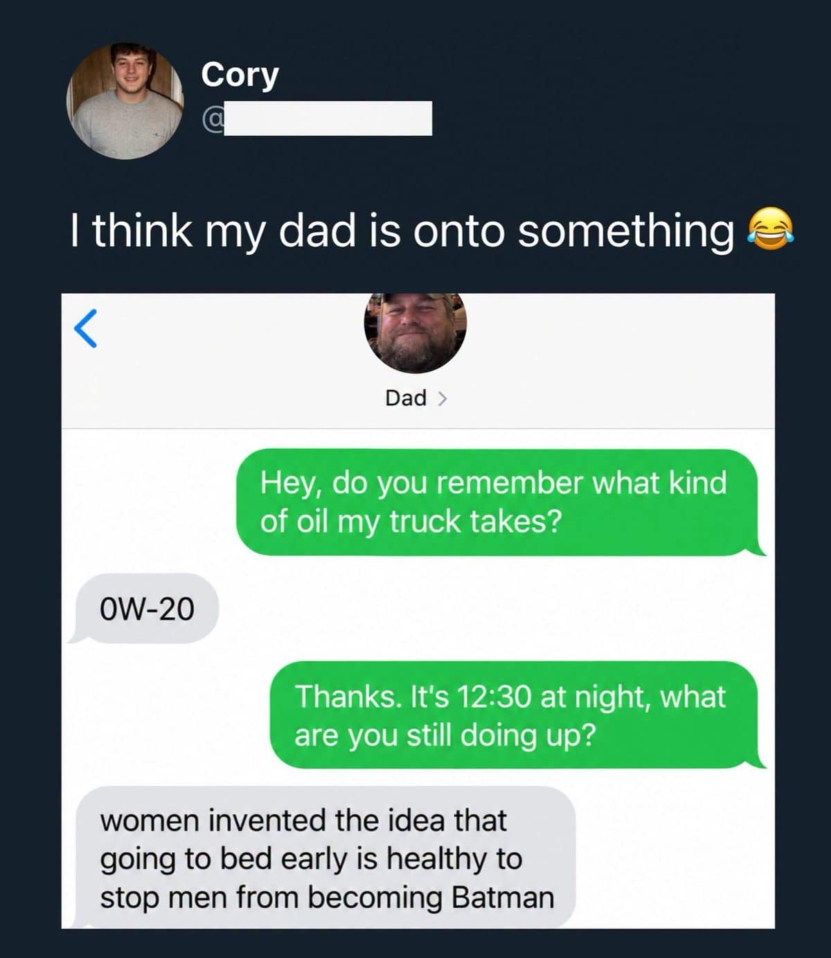 Meme dump text where a dad claims early bedtimes exist to stop men becoming Batman.