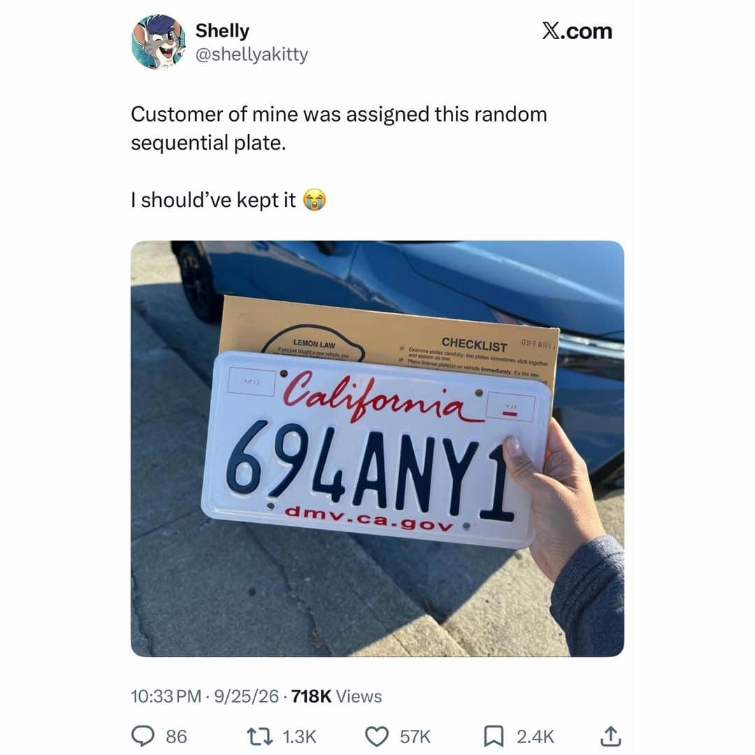A California license plate reading 694ANY1 held up in this meme dump tweet.