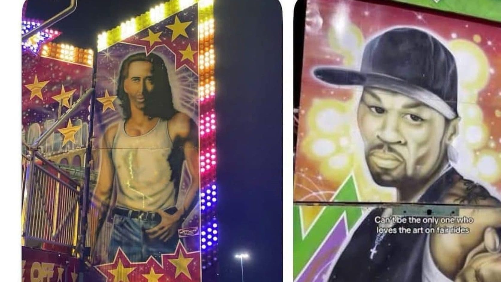 Airbrushed celebrity portraits painted on bright carnival rides, cropped from a meme dump post praising small town fair art.