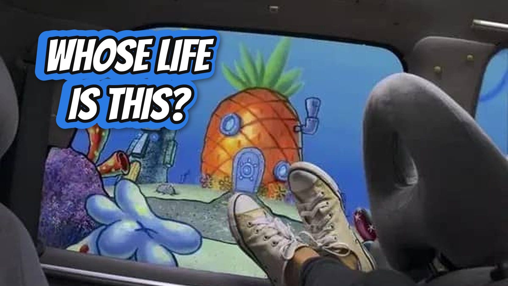 Feet propped up in a car while SpongeBob's pineapple house appears outside the window, one of the strangest pov memes around.