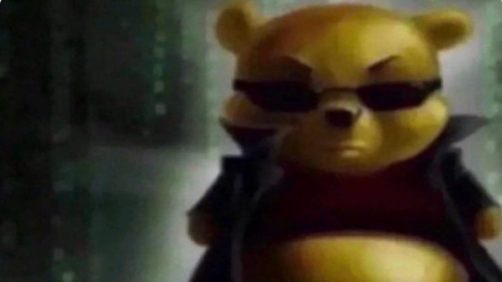 Winnie the Pooh wearing dark sunglasses and a black trench coat in a Matrix style scene, featured in tonight's random funny memes.