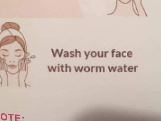 Skincare card advising readers to wash their face with worm water.