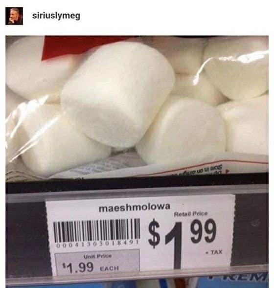 Marshmallow bag with a shelf tag misspelled maeshmolowa, spelling fails at $1.99.