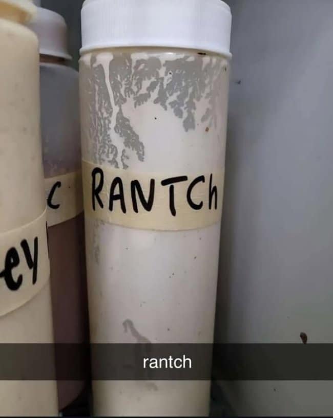 Squeeze bottle labeled RANTCH in marker, a condiment with confidence.