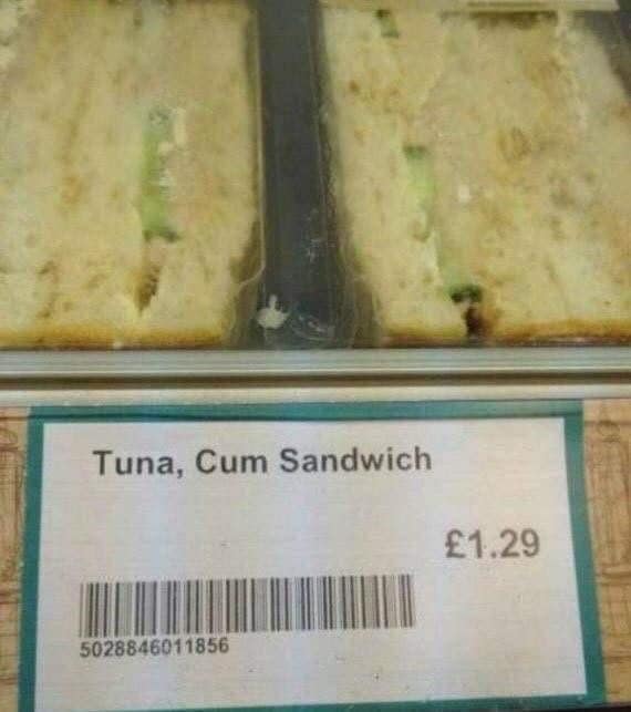 Sandwich price label with an unfortunate misspelling of tuna and cucumber.