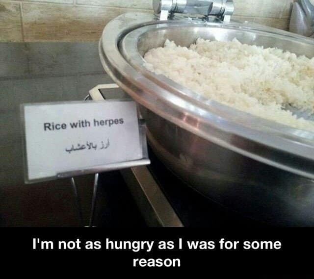 Rice buffet labeled rice with herpes, a mistranslation of rice with herbs.